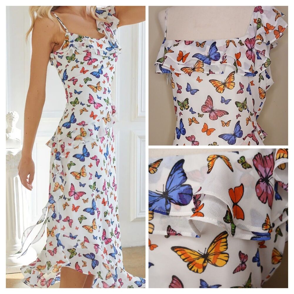 Sugarlips Dress Sz S Butterfly Midi Asymmetrical One Shoulder Ruffled $95